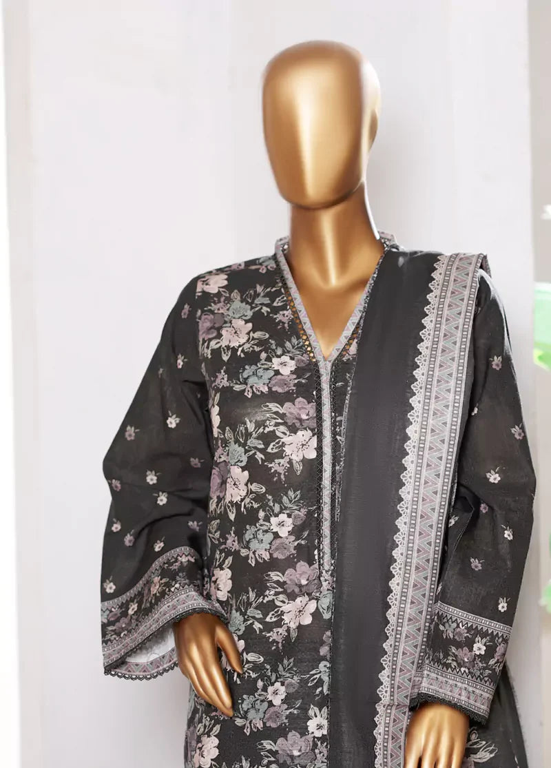 3 Piece Printed Black Khaddar Shirt with Trouser & Dupatta