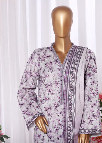 3 Piece Printed Grey & Lilac Khaddar Shirt with Trouser & Dupatta