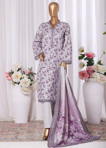 3 Piece Printed Grey & Lilac Khaddar Shirt with Trouser & Dupatta