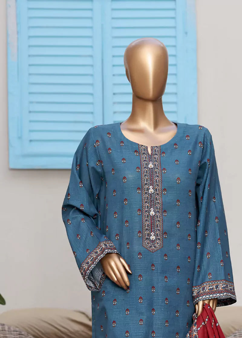 3 Piece Printed Steel Blue Khaddar Shirt with Trouser & Dupatta