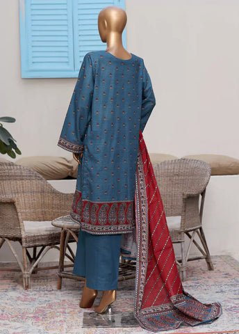 3 Piece Printed Steel Blue Khaddar Shirt with Trouser & Dupatta