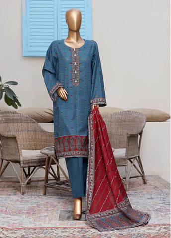3 Piece Printed Steel Blue Khaddar Shirt with Trouser & Dupatta