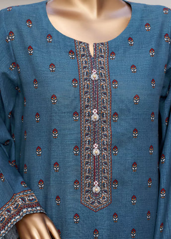 3 Piece Printed Steel Blue Khaddar Shirt with Trouser & Dupatta