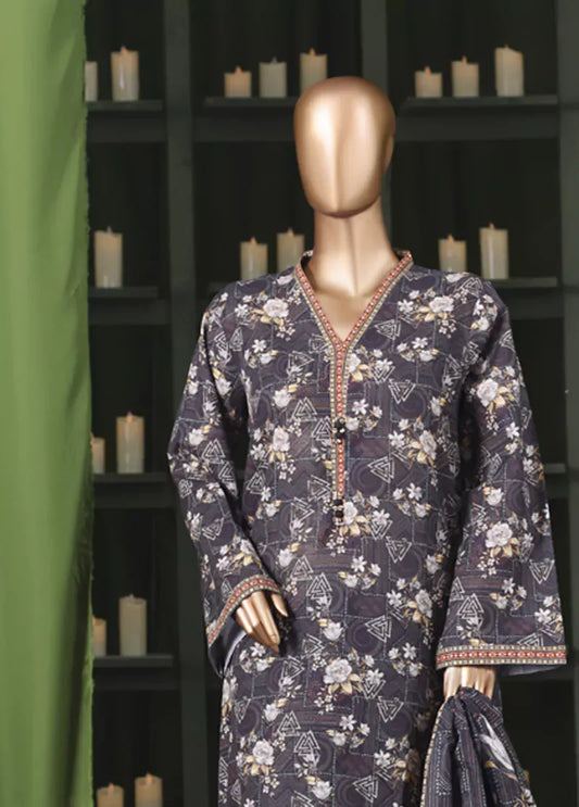 3 Piece Printed Purple Khaddar Shirt with Trouser & Dupatta