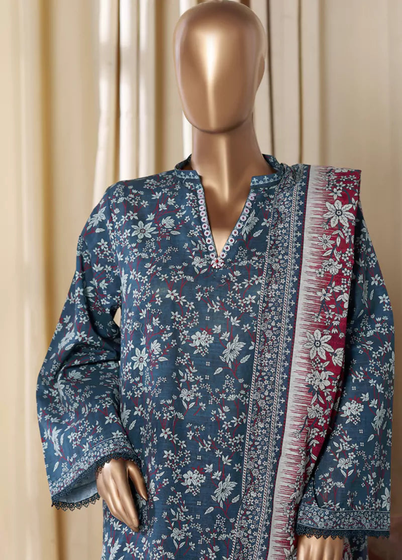 3 Piece Printed Blue Khaddar Shirt with Trouser & Dupatta