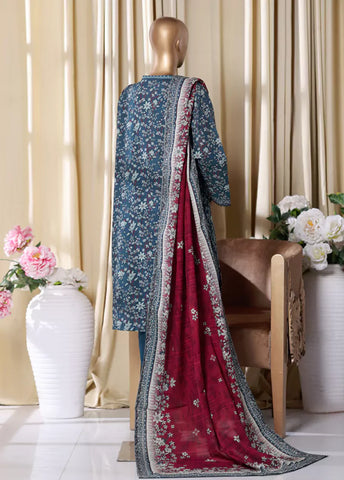 3 Piece Printed Blue Khaddar Shirt with Trouser & Dupatta
