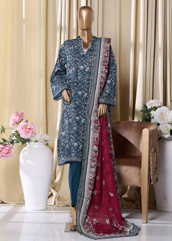 3 Piece Printed Blue Khaddar Shirt with Trouser & Dupatta