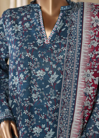 3 Piece Printed Blue Khaddar Shirt with Trouser & Dupatta