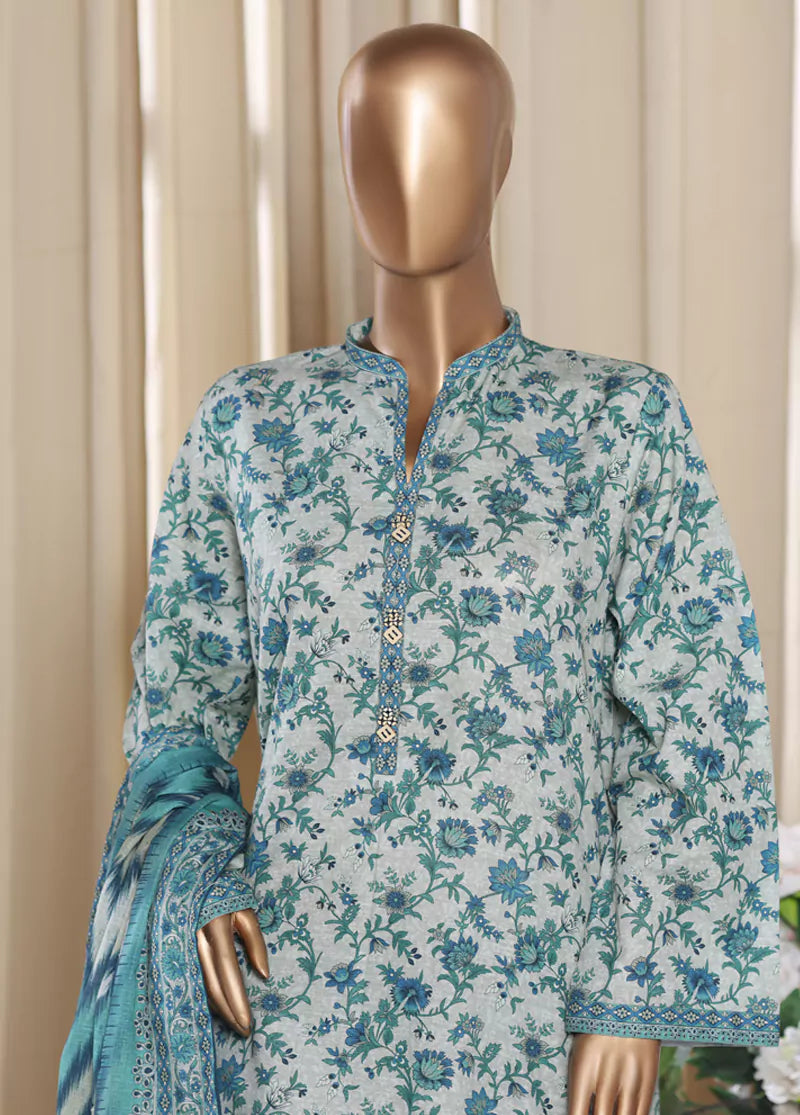 3 Piece Printed Blue Khaddar Shirt with Trouser & Dupatta