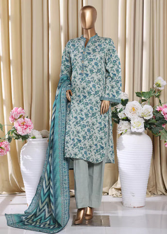 3 Piece Printed Blue Khaddar Shirt with Trouser & Dupatta