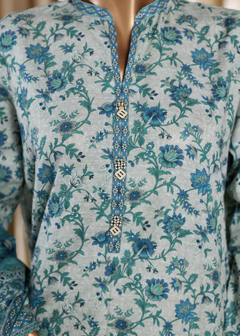 3 Piece Printed Blue Khaddar Shirt with Trouser & Dupatta