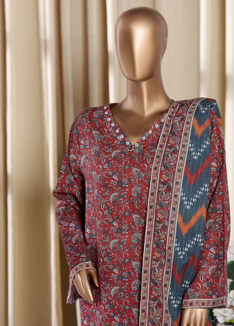 3 Piece Printed Maroon Khaddar Shirt with Trouser & Dupatta