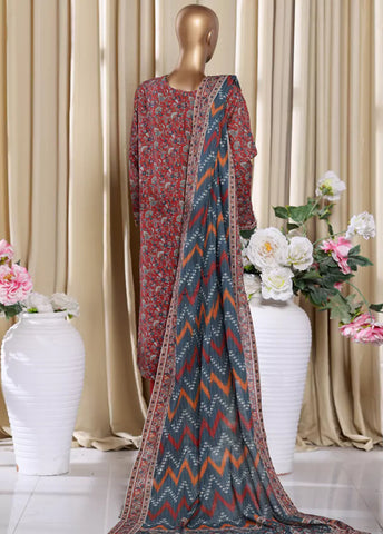 3 Piece Printed Maroon Khaddar Shirt with Trouser & Dupatta