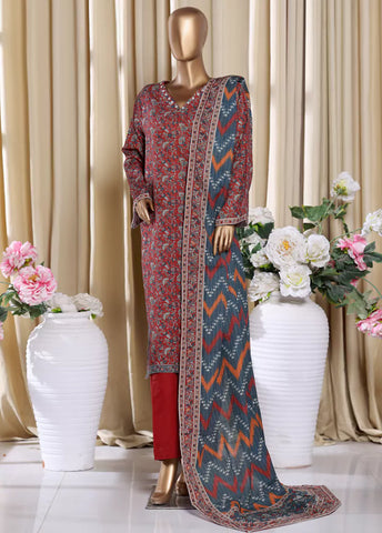 3 Piece Printed Maroon Khaddar Shirt with Trouser & Dupatta
