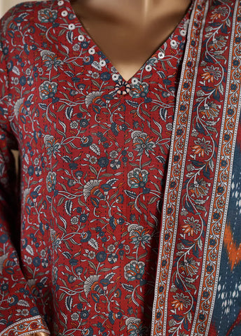 3 Piece Printed Maroon Khaddar Shirt with Trouser & Dupatta