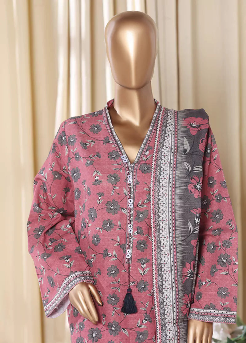3 Piece Printed Thulian Pink Khaddar Shirt with Trouser & Dupatta
