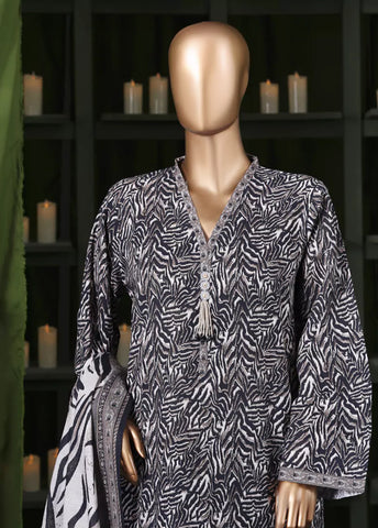 3 Piece Printed Black & White Khaddar Shirt with Trouser & Dupatta