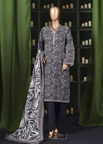 3 Piece Printed Black & White Khaddar Shirt with Trouser & Dupatta