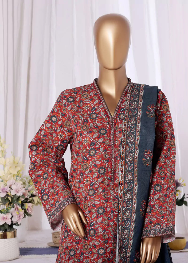 3 Piece Printed Red Khaddar Shirt with Trouser & Dupatta