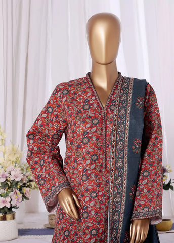 3 Piece Printed Red Khaddar Shirt with Trouser & Dupatta