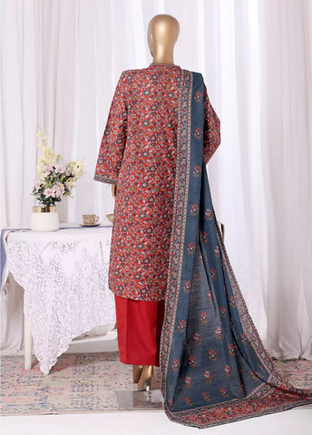 3 Piece Printed Red Khaddar Shirt with Trouser & Dupatta