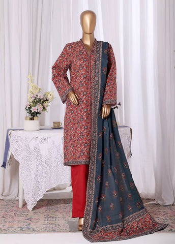 3 Piece Printed Red Khaddar Shirt with Trouser & Dupatta