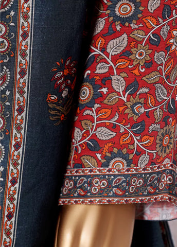 3 Piece Printed Red Khaddar Shirt with Trouser & Dupatta