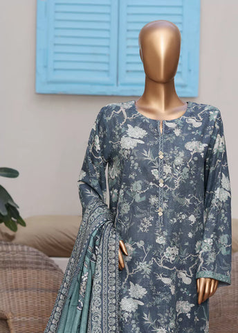 3 Piece Printed Stone Blue Khaddar Shirt with Trouser & Dupatta