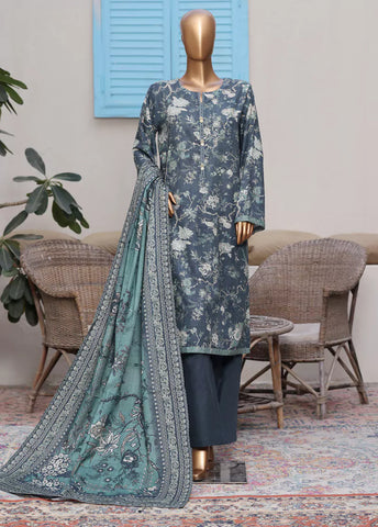 3 Piece Printed Stone Blue Khaddar Shirt with Trouser & Dupatta