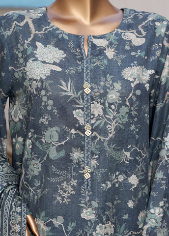 3 Piece Printed Stone Blue Khaddar Shirt with Trouser & Dupatta