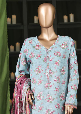 3 Piece Printed Aqua Blue Khaddar Shirt with Trouser & Dupatta