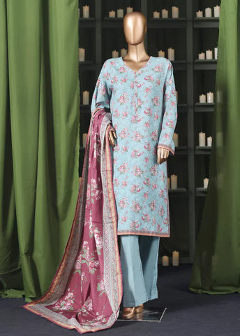 3 Piece Printed Aqua Blue Khaddar Shirt with Trouser & Dupatta