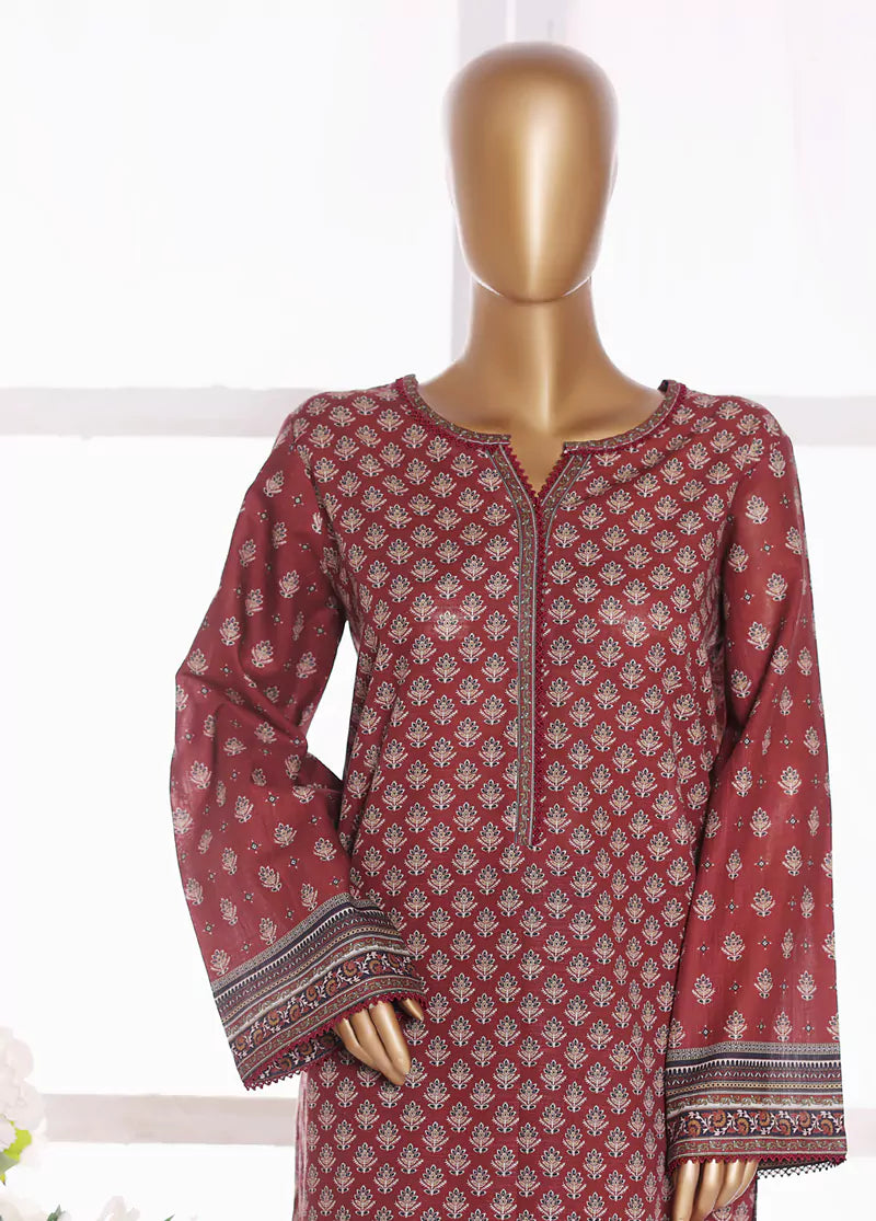2 Piece Printed Maroon Khaddar Shirt & Trouser