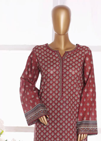 2 Piece Printed Maroon Khaddar Shirt & Trouser