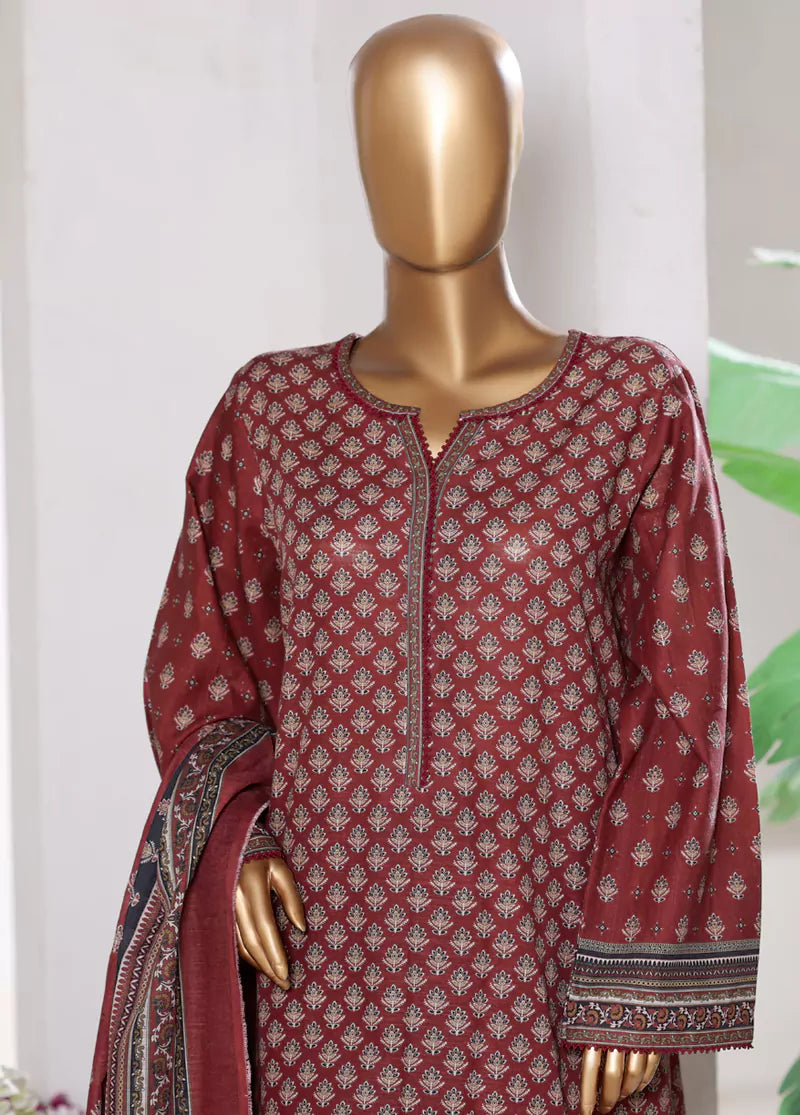 3 Piece Printed Maroon & Black Khaddar Shirt with Trouser & Dupatta