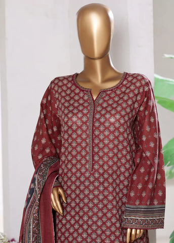 3 Piece Printed Maroon & Black Khaddar Shirt with Trouser & Dupatta
