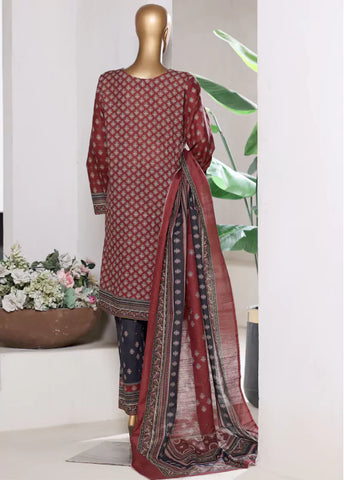 3 Piece Printed Maroon & Black Khaddar Shirt with Trouser & Dupatta