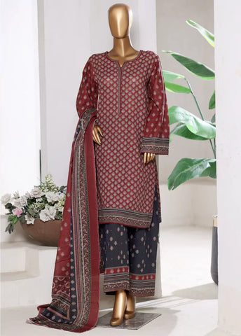 3 Piece Printed Maroon & Black Khaddar Shirt with Trouser & Dupatta