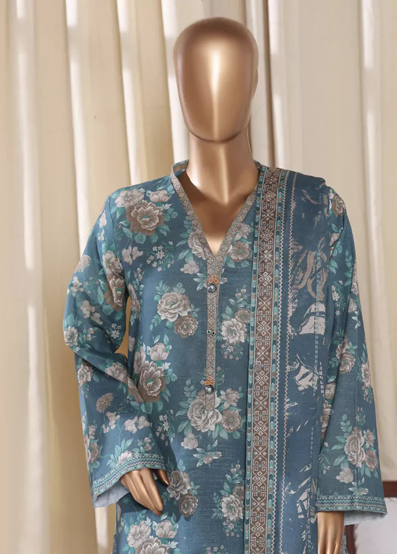 3 Piece Printed Blue Khaddar Shirt with Trouser & Dupatta