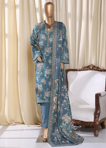 3 Piece Printed Blue Khaddar Shirt with Trouser & Dupatta