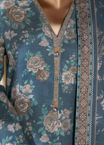 3 Piece Printed Blue Khaddar Shirt with Trouser & Dupatta