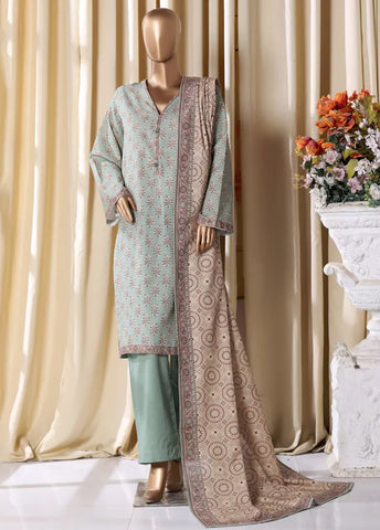 3 Piece Printed Mint Green Khaddar Shirt with Trouser & Dupatta