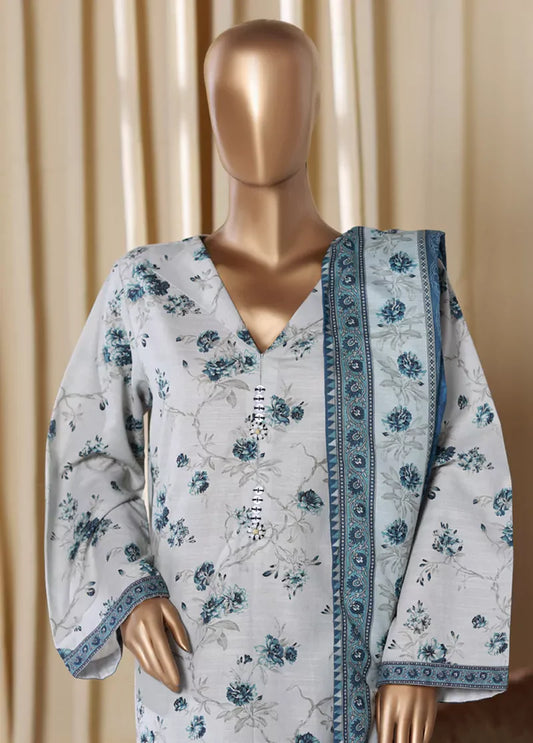 3 Piece Printed Blue Khaddar Shirt with Trouser & Dupatta