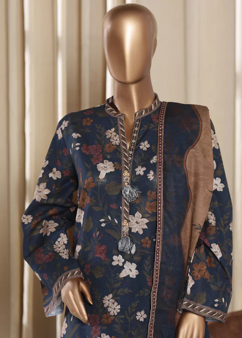 3 Piece Printed Teal Khaddar Shirt with Trouser & Dupatta