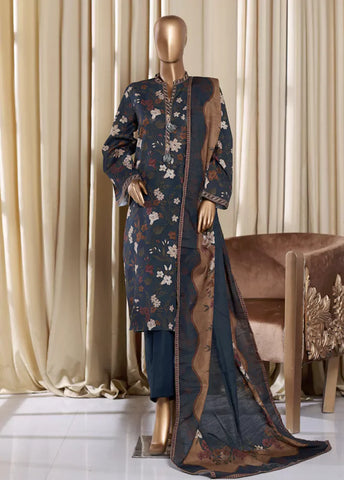 3 Piece Printed Teal Khaddar Shirt with Trouser & Dupatta