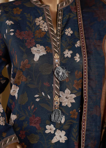 3 Piece Printed Teal Khaddar Shirt with Trouser & Dupatta