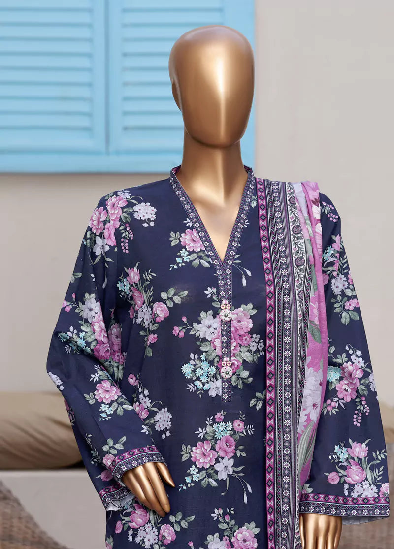 3 Piece Printed Purple Khaddar Shirt with Trouser & Dupatta