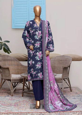3 Piece Printed Purple Khaddar Shirt with Trouser & Dupatta
