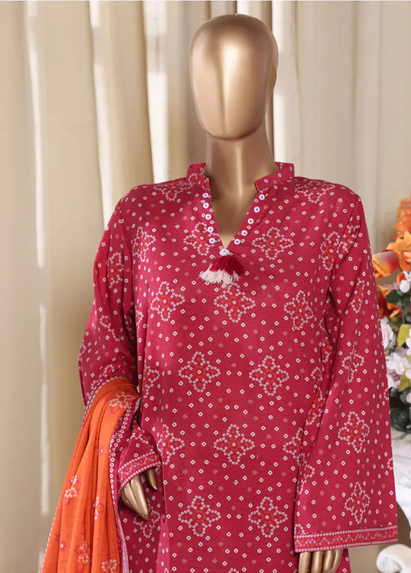 3 Piece Printed Red Khaddar Shirt with Trouser & Dupatta