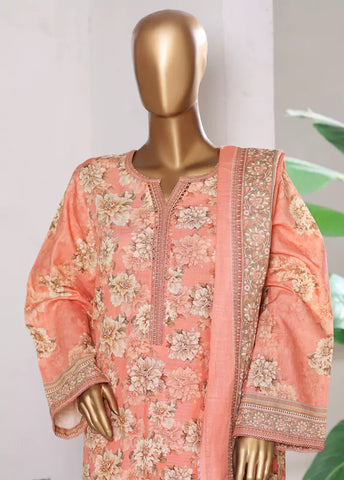 3 Piece Printed Peach Khaddar Shirt with Trouser & Dupatta
